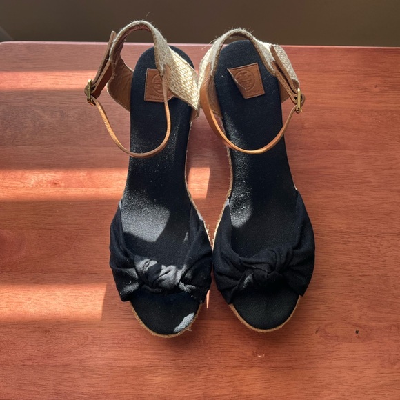 TORY BURCH ESPADRILLE CANVAS KNOTTED BOW WEDGE WITH BUCKLE SIZE 10 - Picture 1 of 8